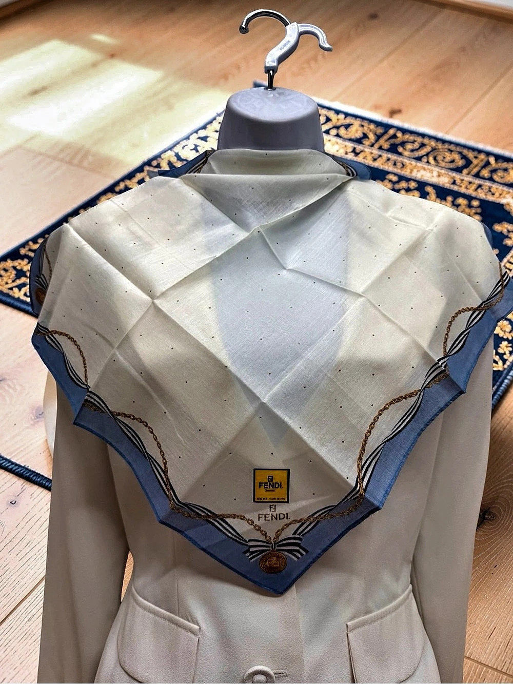 Fendi Chain and Ribbon Bow Print Cotton Handkerchief Blue & White